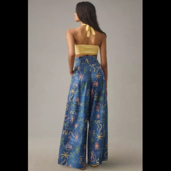 Brand New Corey Lynn Calter Linen Tropical Printed Wide-Leg Pants - Picture 2 of 9